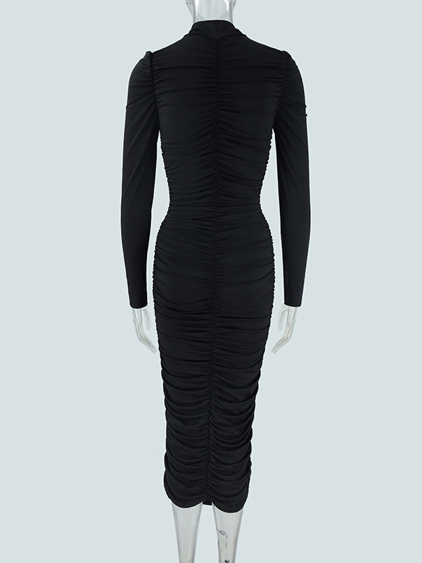 TWOTWINSTYLE Stand Collar Long Sleeve Ruched Elegant Dress