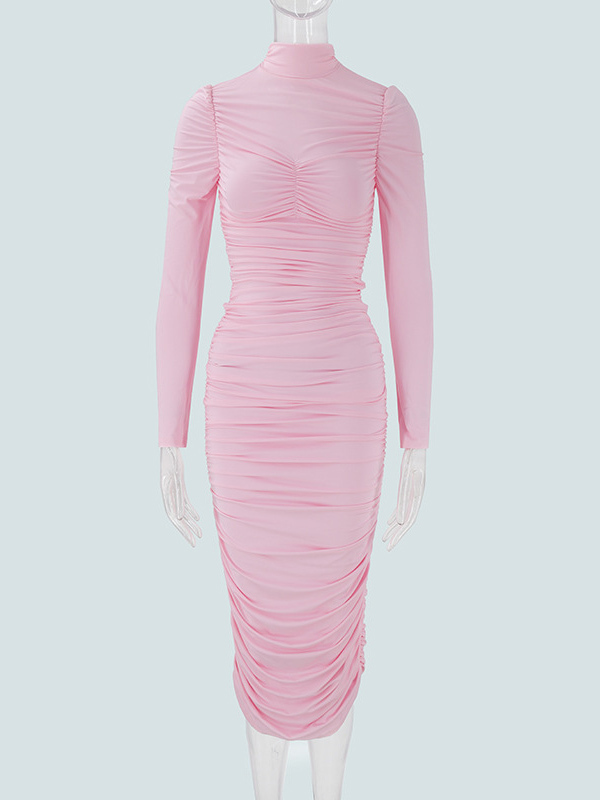 TWOTWINSTYLE Stand Collar Long Sleeve Ruched Elegant Dress