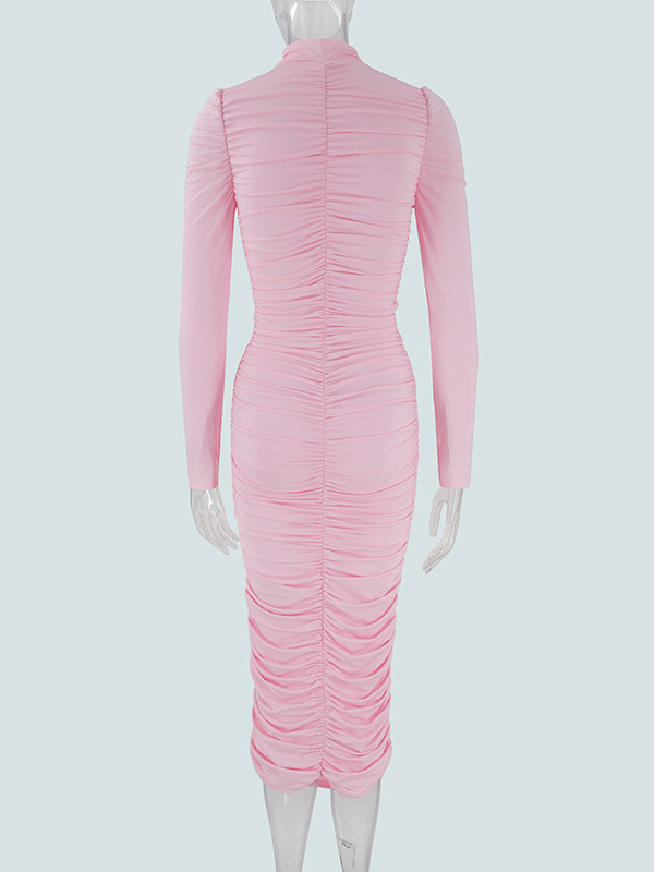 TWOTWINSTYLE Stand Collar Long Sleeve Ruched Elegant Dress
