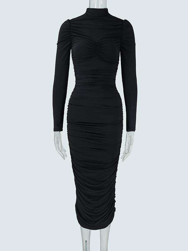 TWOTWINSTYLE Stand Collar Long Sleeve Ruched Elegant Dress
