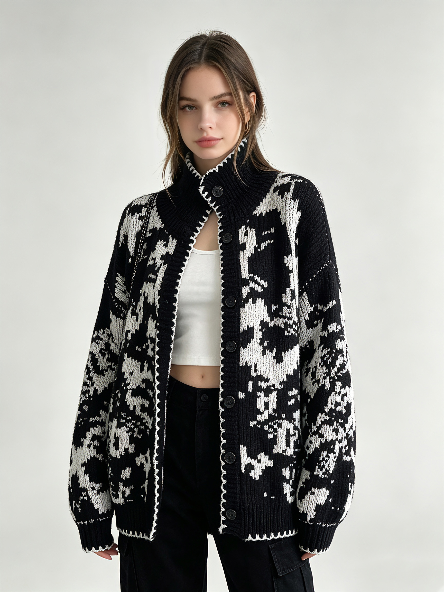 TWOTWINSTYLE Hit Color Spliced Single Breasted Loose Oversized Sweater Coat