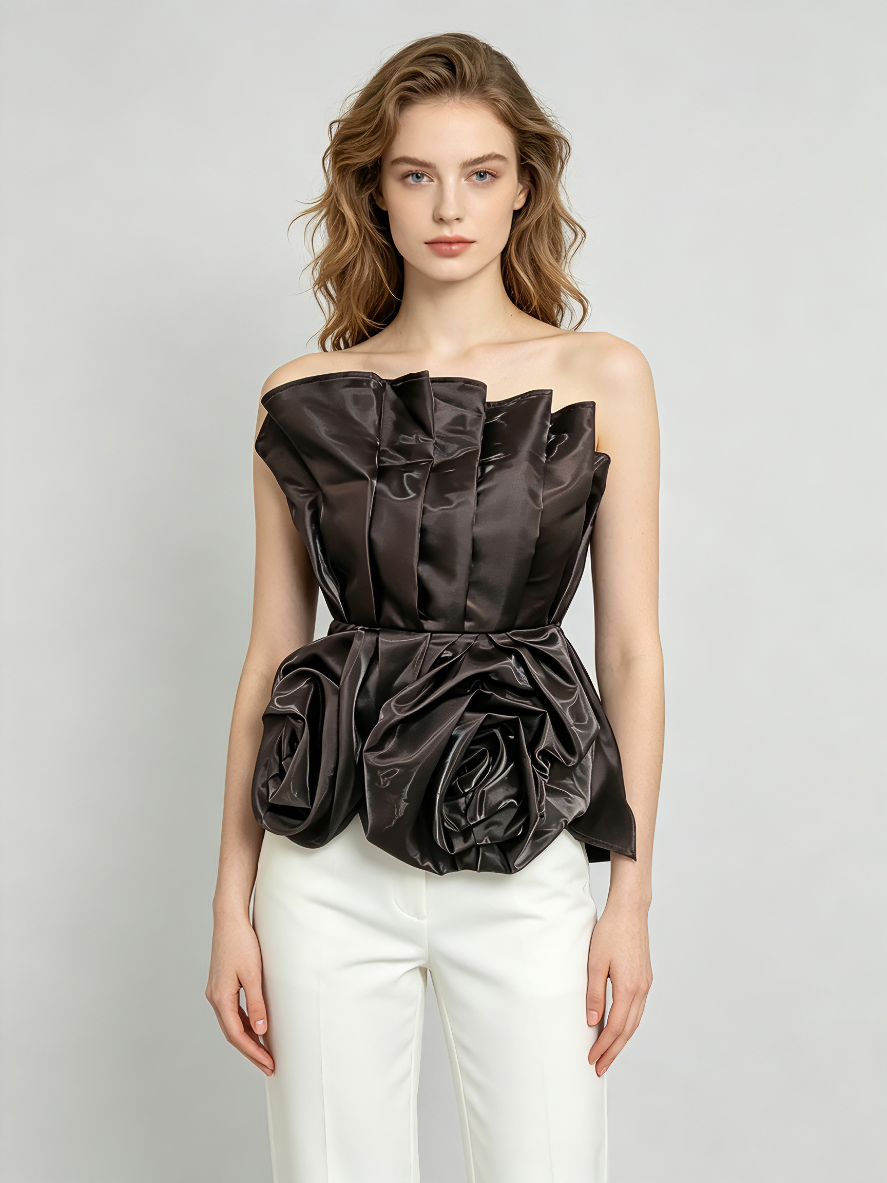 TWOTWINSTYLE Off Shoulder Tunic Ruched Flower Vintage Vest
