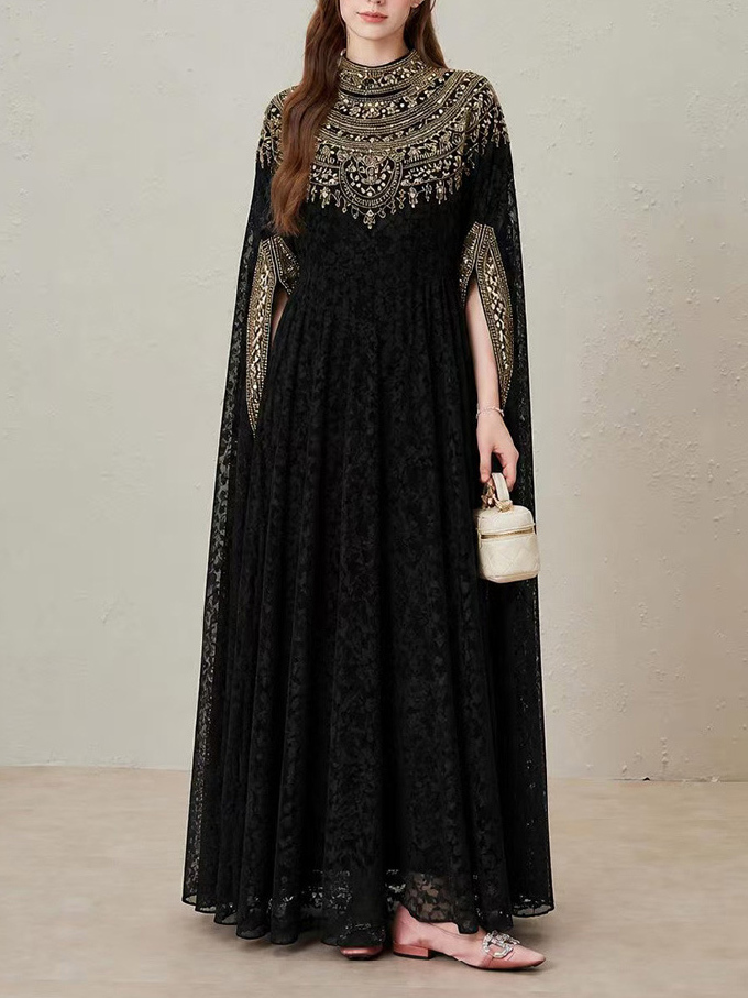 TWOTWINSTYLE Stand Collar Patchwork Diamond Lace Elegant Dress