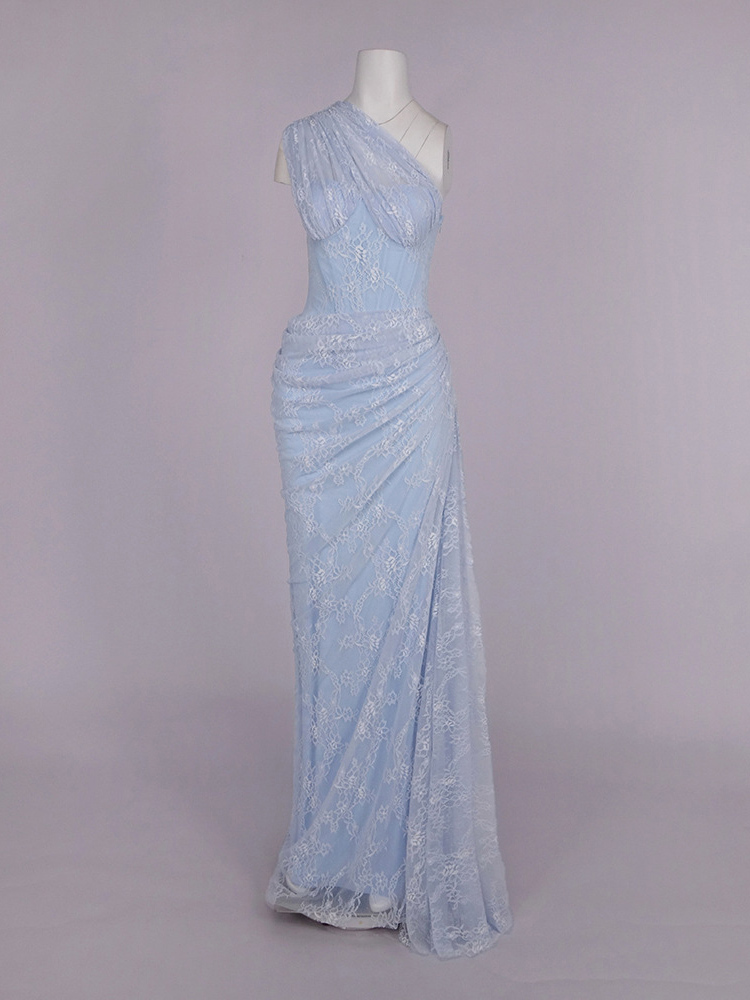 TWOTWINSTYLE Off One Shoulder Patchwork Lace Ruched Chic Dress
