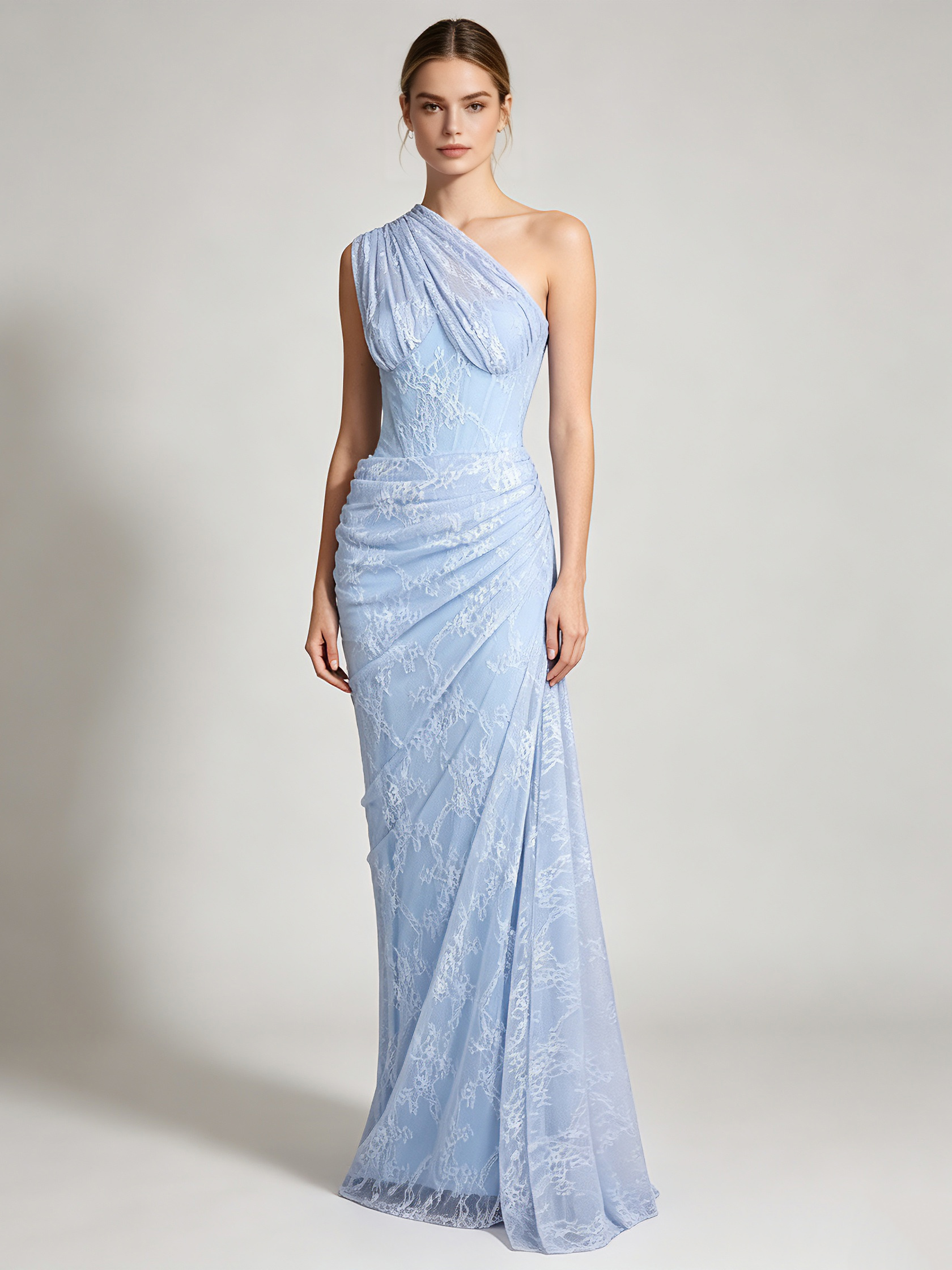 TWOTWINSTYLE Off One Shoulder Patchwork Lace Ruched Chic Dress