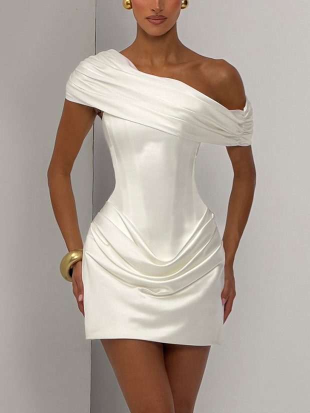 TWOTWINSTYLE Off One Shoulder Tunic Pleated Design Dress