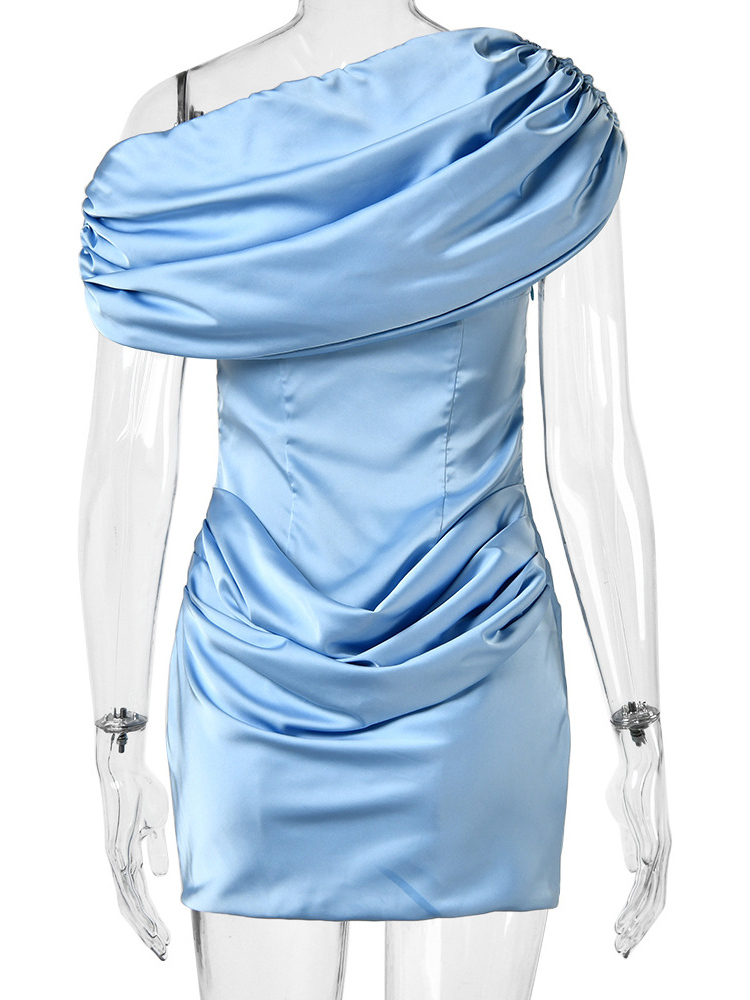 TWOTWINSTYLE Off One Shoulder Tunic Pleated Design Dress