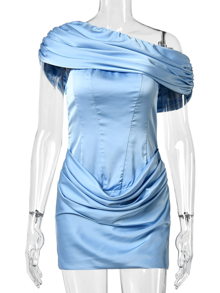 TWOTWINSTYLE Off One Shoulder Tunic Pleated Design Dress