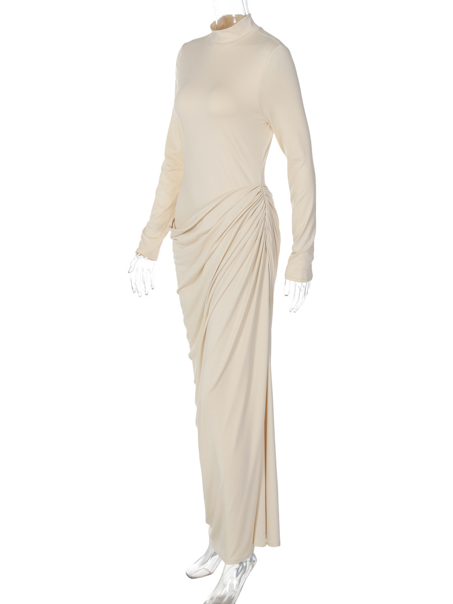 TWOTWINSTYLE Stand Collar Long Sleeve Pleated Slimming Dress