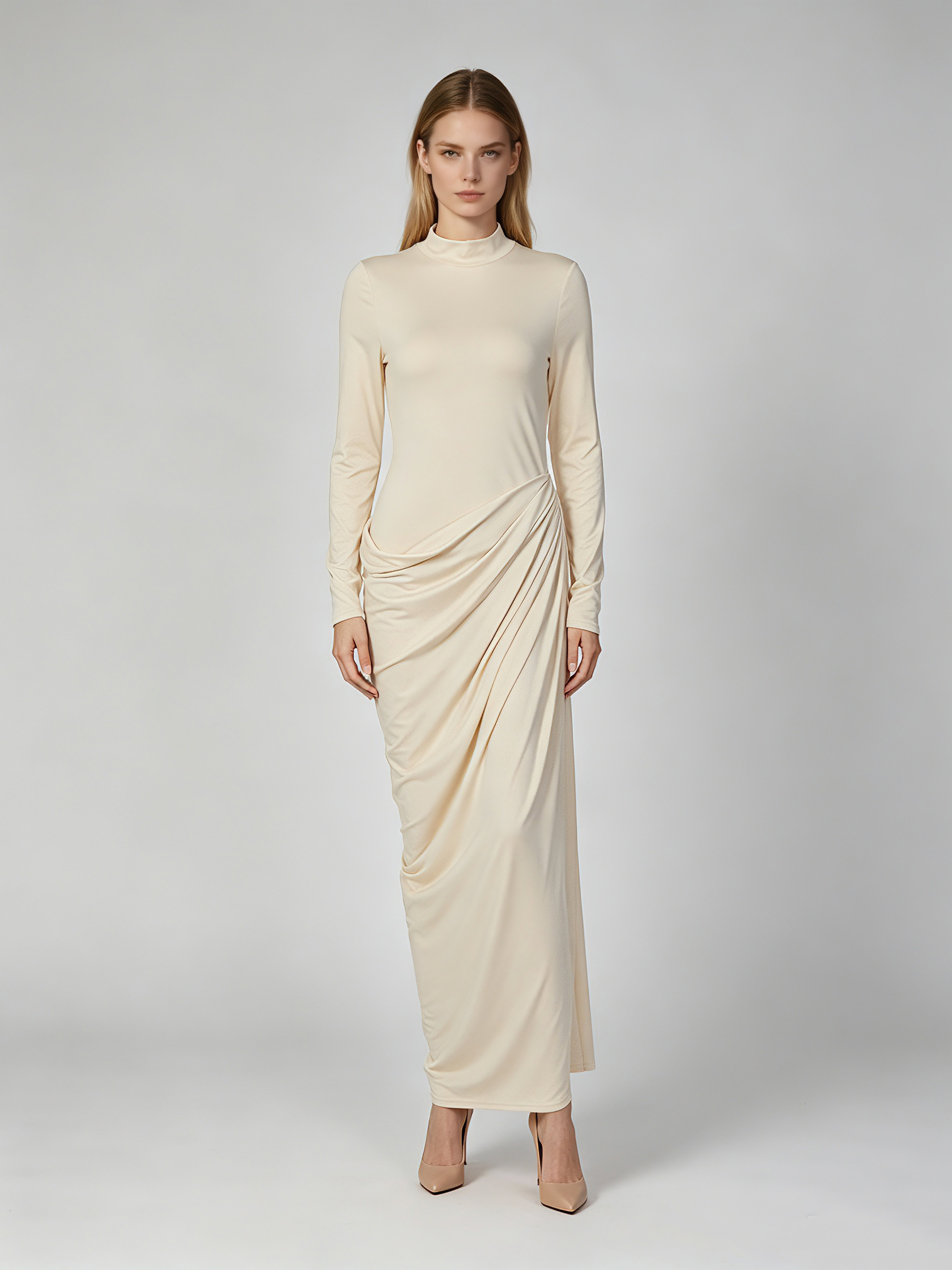 TWOTWINSTYLE Stand Collar Long Sleeve Pleated Slimming Dress