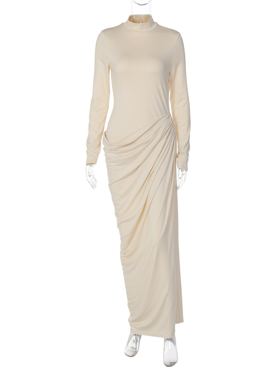 TWOTWINSTYLE Stand Collar Long Sleeve Pleated Slimming Dress