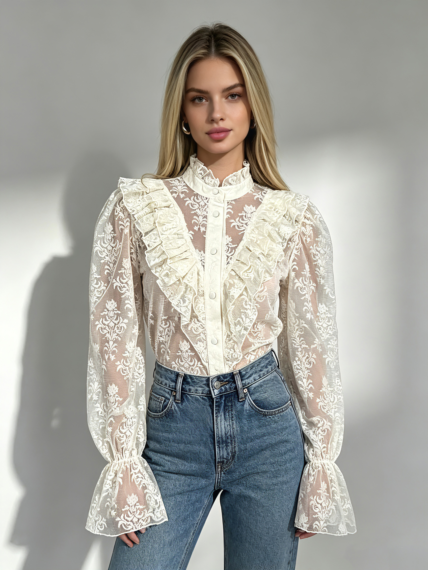 TWOTWINSTYLE Stand Collar Bell Sleeve Patchwork Ruffles Design Shirt