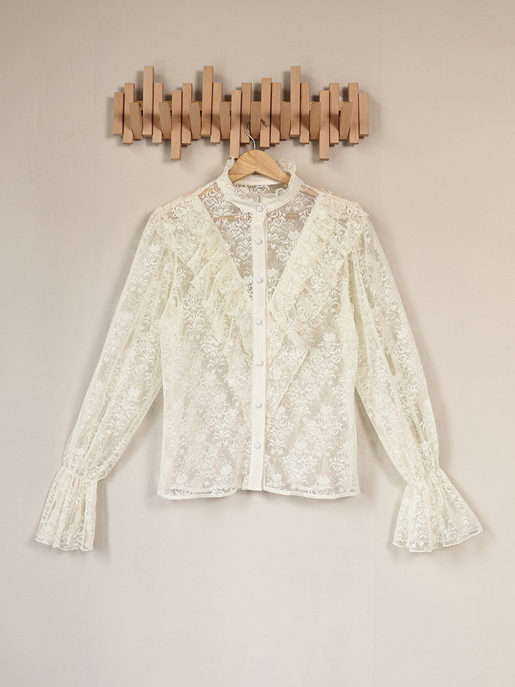 TWOTWINSTYLE Stand Collar Bell Sleeve Patchwork Ruffles Design Shirt