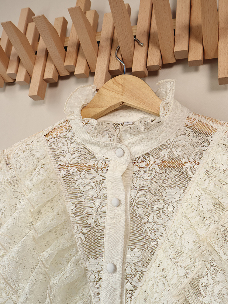 TWOTWINSTYLE Stand Collar Bell Sleeve Patchwork Ruffles Design Shirt