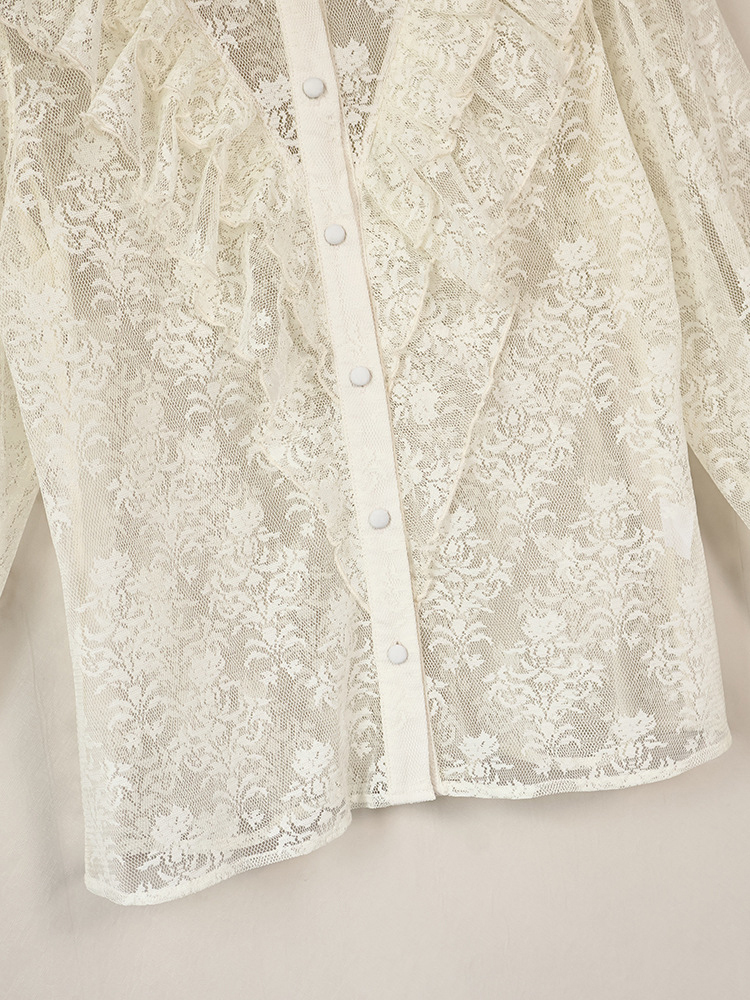 TWOTWINSTYLE Stand Collar Bell Sleeve Patchwork Ruffles Design Shirt