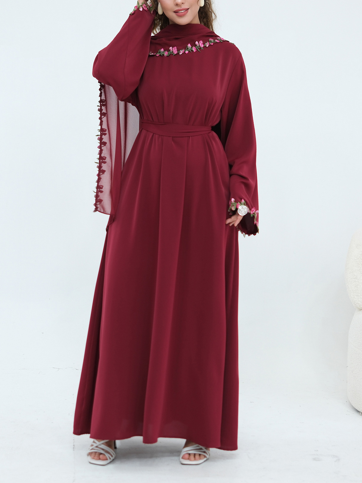 TWOTWINSTYLE Stand Collar Long Sleeve Patchwork Flower Tunic Elegant Dress