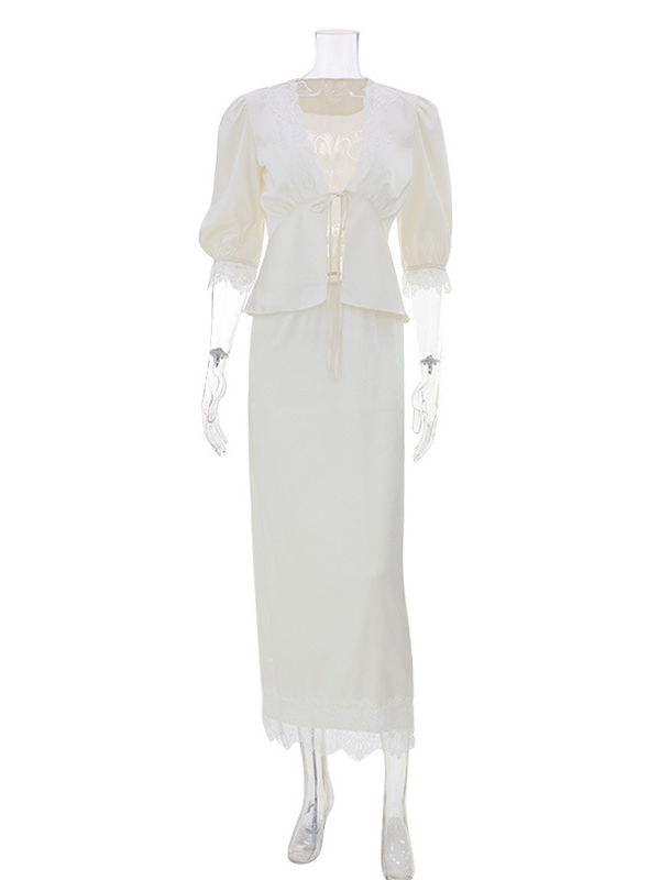 TWOTWINSTYLE V Neck Spliced Lace Top High Waist Skirt Elegant Set