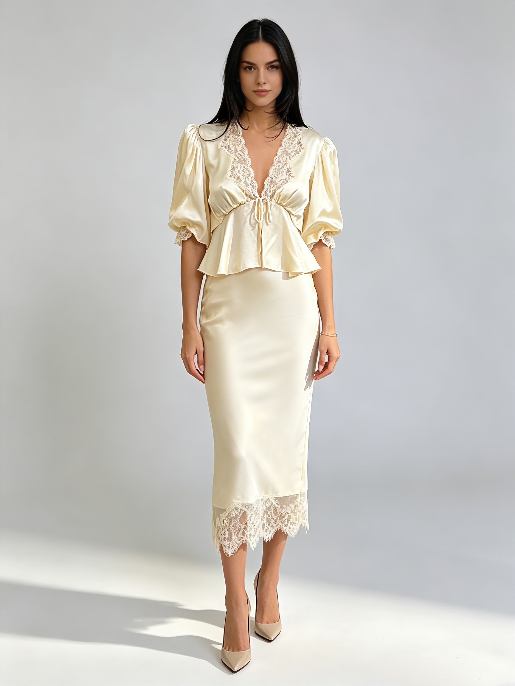 TWOTWINSTYLE V Neck Spliced Lace Top High Waist Skirt Elegant Set