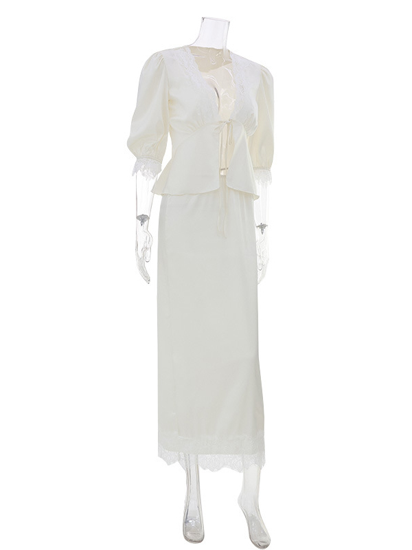 TWOTWINSTYLE V Neck Spliced Lace Top High Waist Skirt Elegant Set