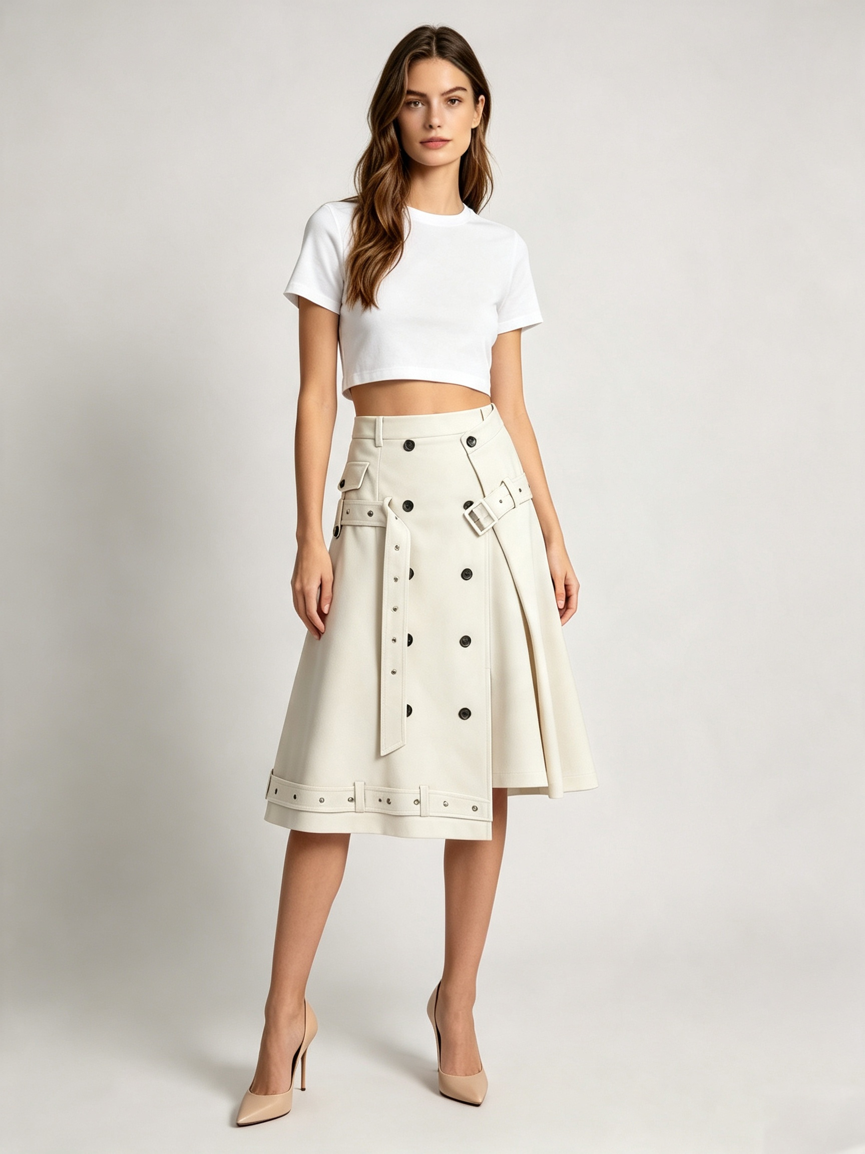 TWOTWINSTYLE High Waist Spliced Double Breasted Belt Fashion Skirt