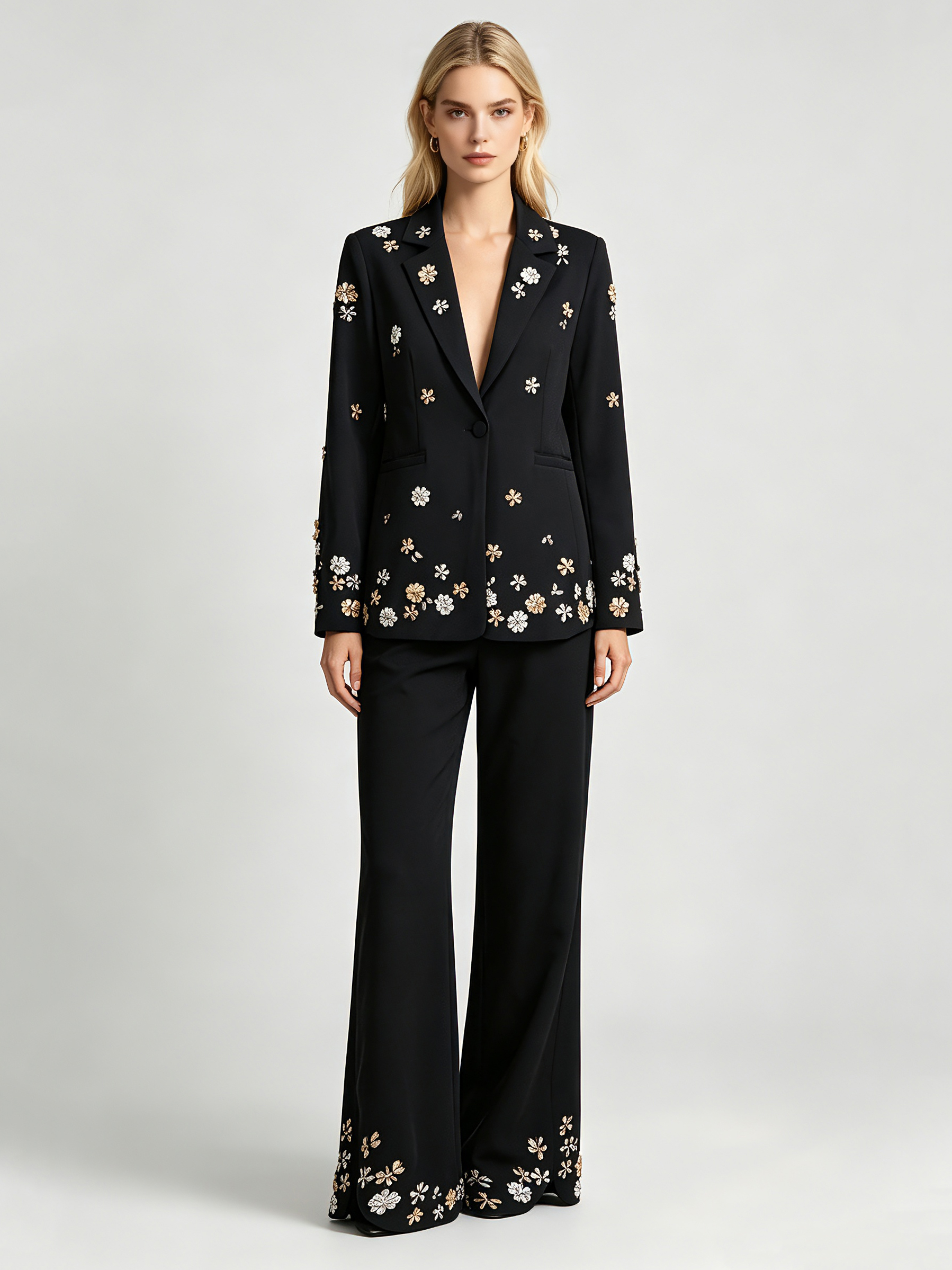 TWOTWINSTYLE Lapel Patchwork Diamond Long Sleeve Loose Pants Temperament Set