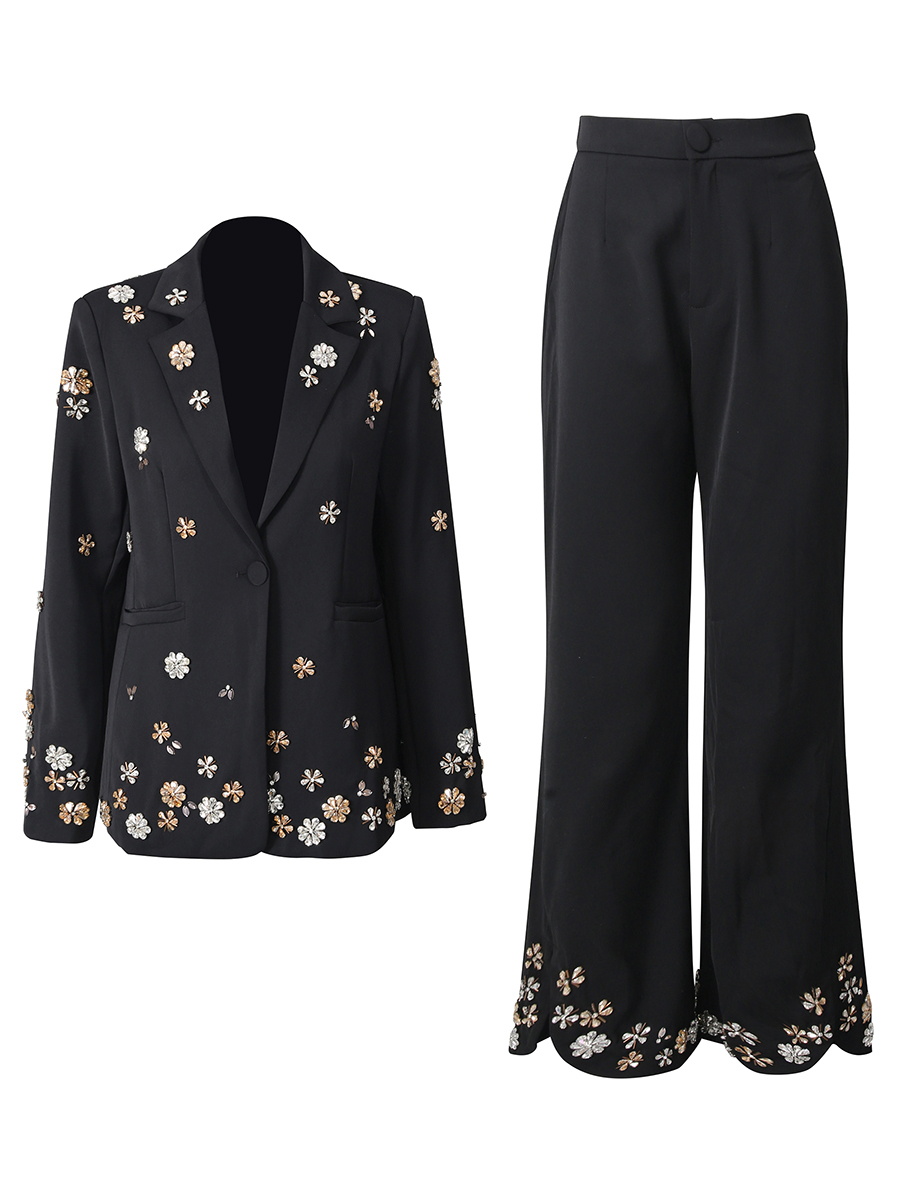 TWOTWINSTYLE Lapel Patchwork Diamond Long Sleeve Loose Pants Temperament Set
