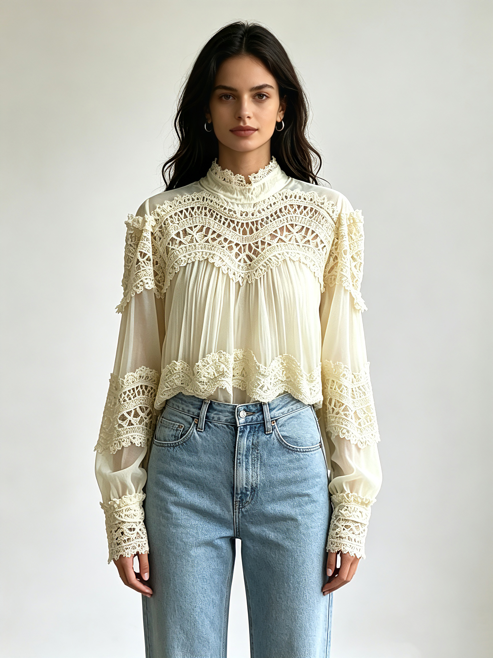 TWOTWINSTYLE Stand Collar Hollow Out Spliced Lace Vintage Shirt