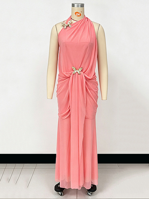 TWOTWINSTYLE Patchwork Metal Butterfly Pleated Elegant Halter Neck Dress