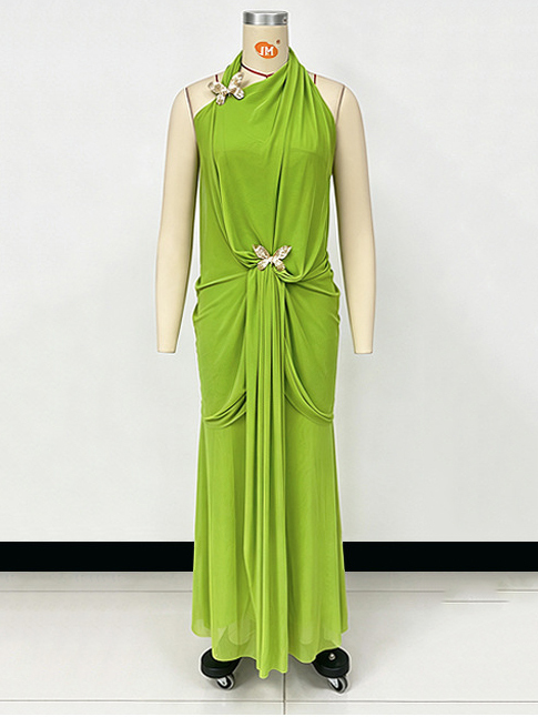 TWOTWINSTYLE Patchwork Metal Butterfly Pleated Elegant Halter Neck Dress