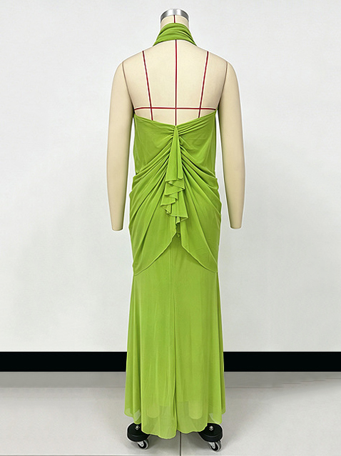 TWOTWINSTYLE Patchwork Metal Butterfly Pleated Elegant Halter Neck Dress