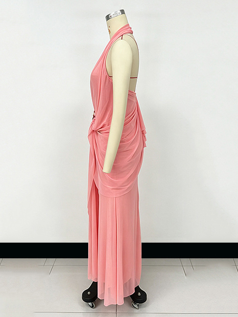 TWOTWINSTYLE Patchwork Metal Butterfly Pleated Elegant Halter Neck Dress