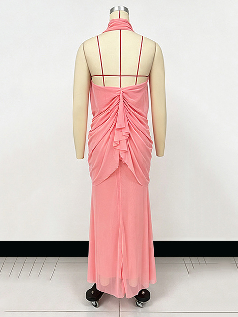 TWOTWINSTYLE Patchwork Metal Butterfly Pleated Elegant Halter Neck Dress