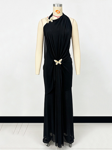 TWOTWINSTYLE Patchwork Metal Butterfly Pleated Elegant Halter Neck Dress