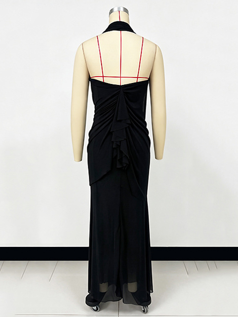 TWOTWINSTYLE Patchwork Metal Butterfly Pleated Elegant Halter Neck Dress