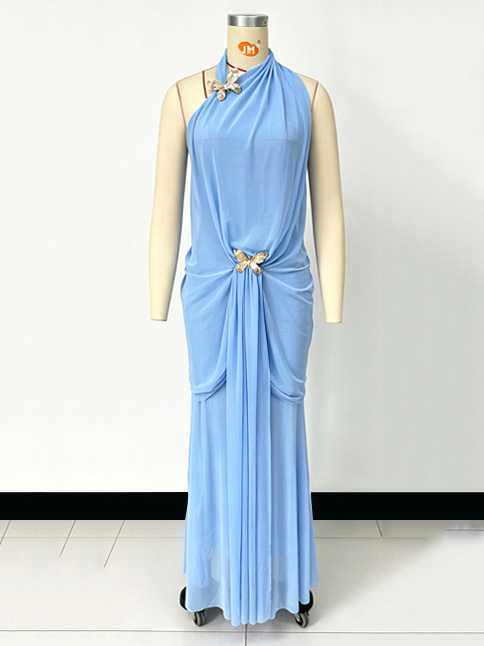 TWOTWINSTYLE Patchwork Metal Butterfly Pleated Elegant Halter Neck Dress