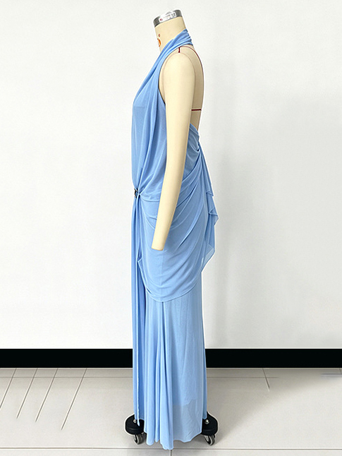 TWOTWINSTYLE Patchwork Metal Butterfly Pleated Elegant Halter Neck Dress