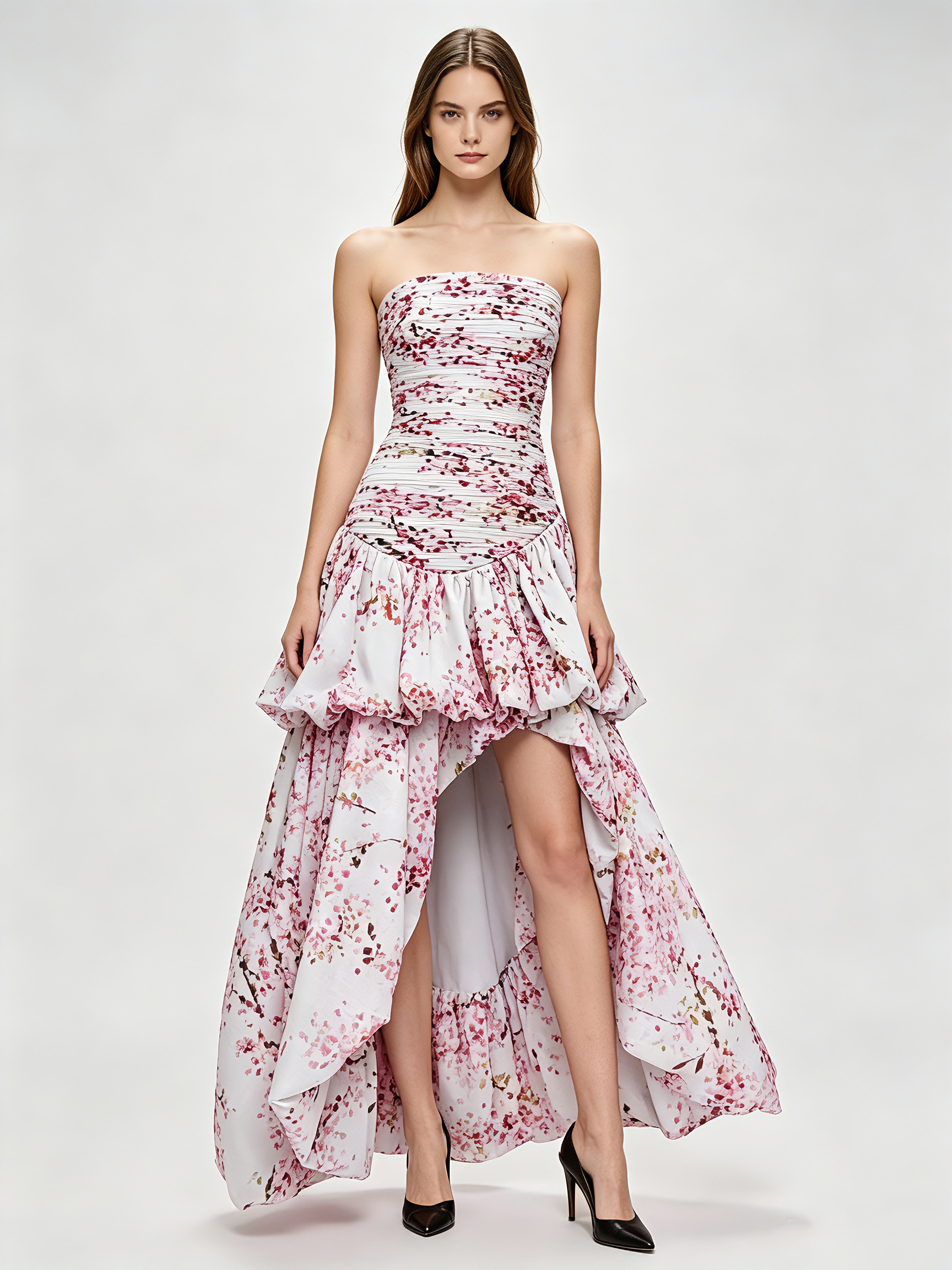 TWOTWINSTYLE Strapless High Waist Tiered Asymmetrical Hem Design Dress
