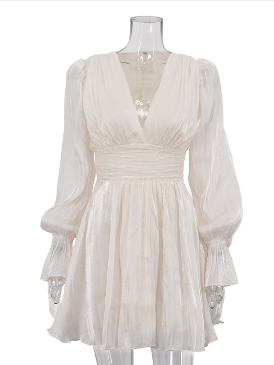 TWOTWINSTYLE V Neck Bell Sleeve Tunic Pleated Fashion Dress