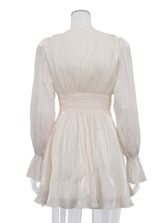 TWOTWINSTYLE V Neck Bell Sleeve Tunic Pleated Fashion Dress