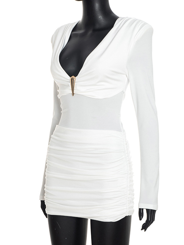 TWOTWINSTYLE Deep V Neck Long Sleeve Metal Tunic Ruched Chic Dress
