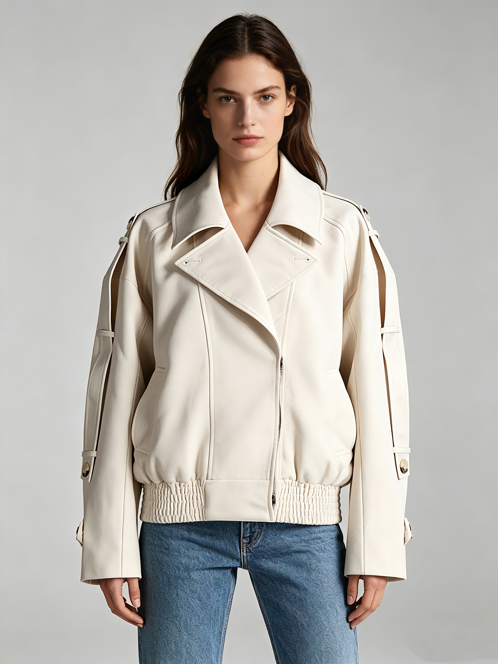 TWOTWINSTYLE Lapel Elastic Hem Patchwork Button Casual Jacket