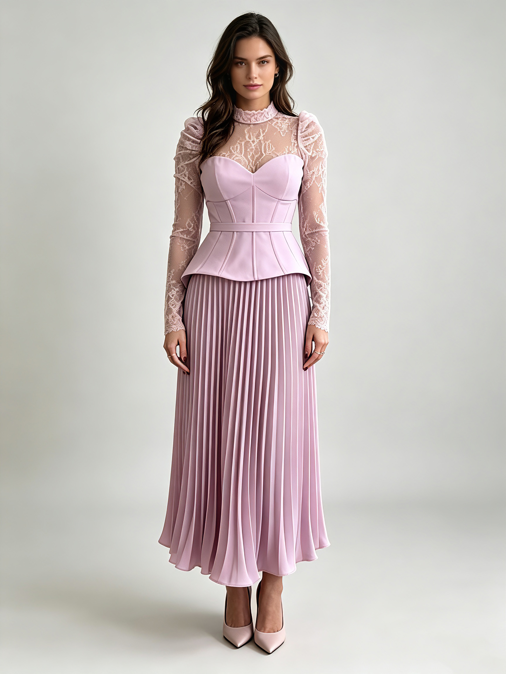 TWOTWINSTYLE Patchwork Lace Long Sleeve Tunic Ruched Design Dress