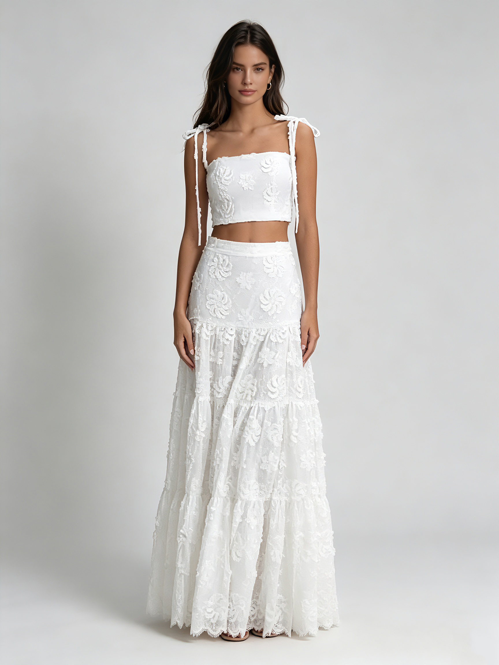 TWOTWINSTYLE Tie Strap Crop Top Patchwork Lace High Waist Skirt Fashion Set