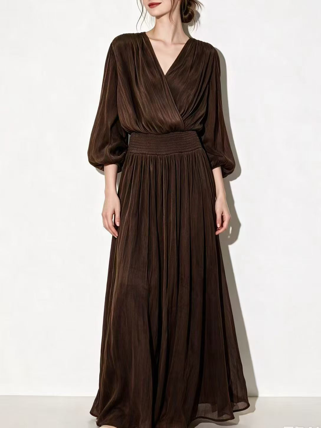 TWOTWINSTYLE V Neck Long Sleeve High Waist Vintage Dress