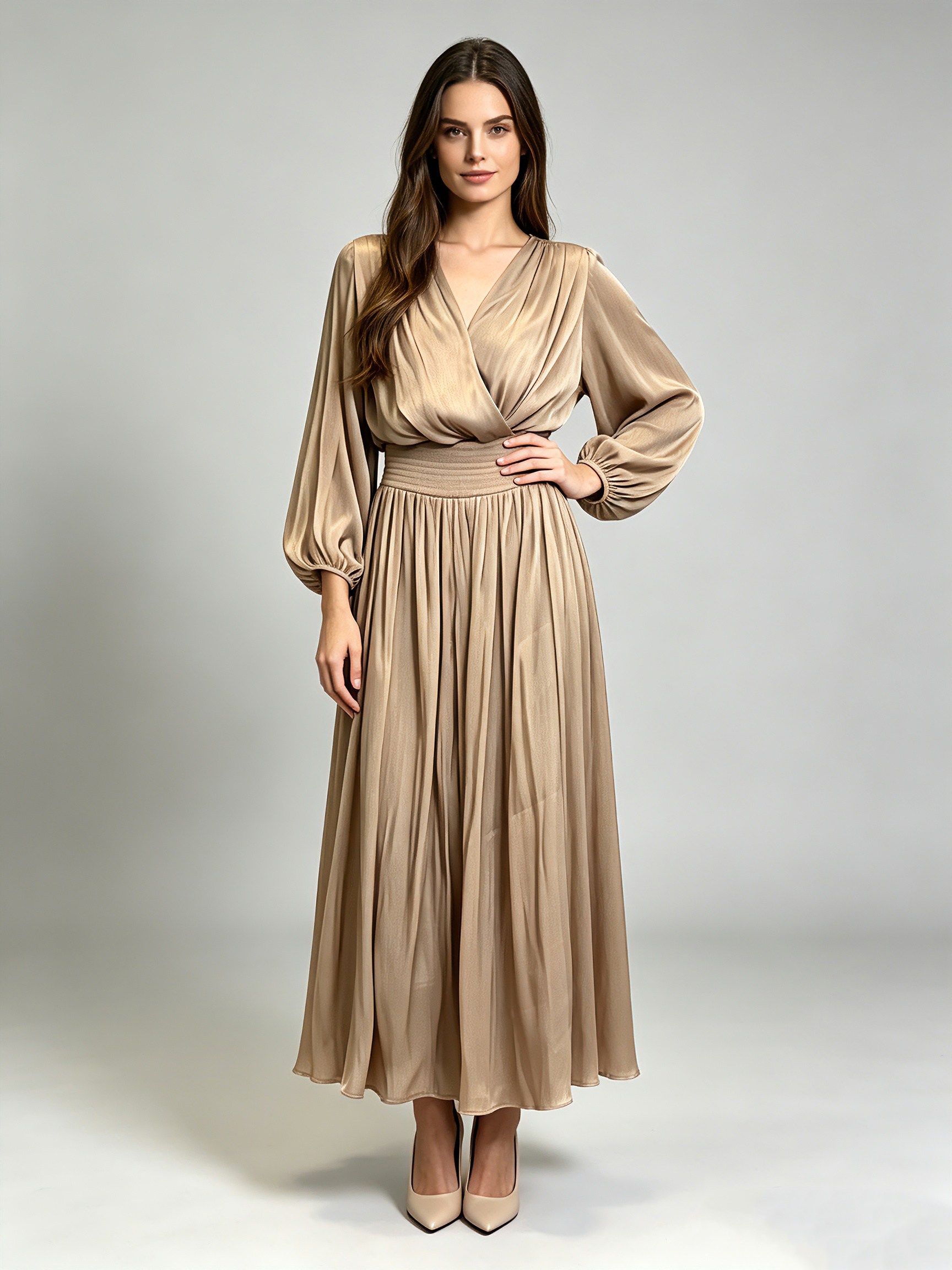 TWOTWINSTYLE V Neck Long Sleeve High Waist Vintage Dress