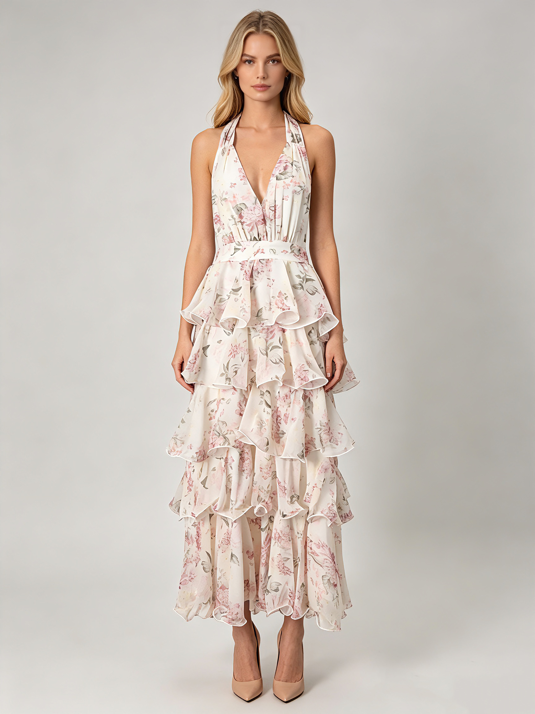 TWOTWINSTYLE Backless Tunic Spliced Print Ruffles Elegant Dress