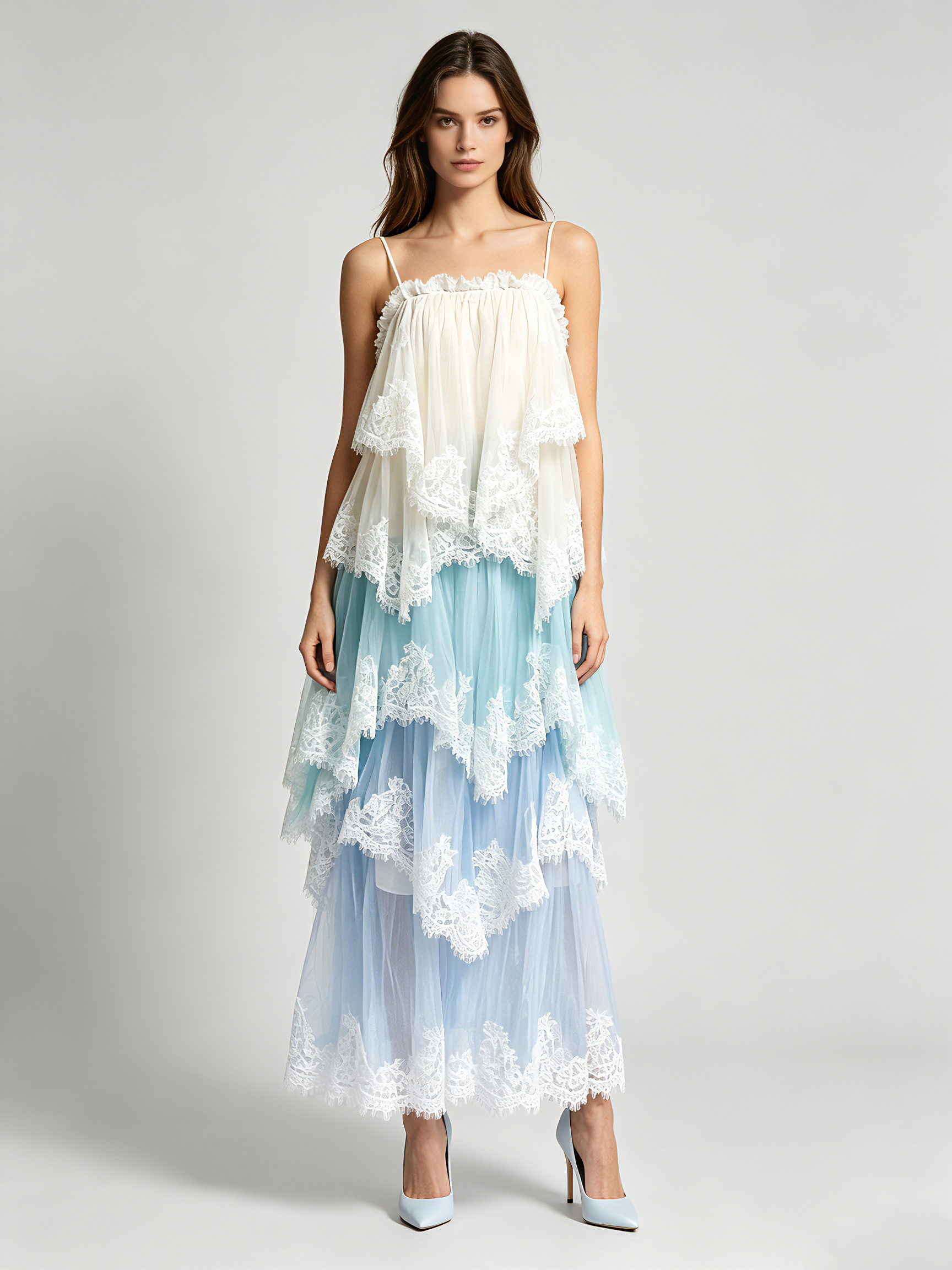 TWOTWINSTYLE Gradient Layered Spliced Lace Dreamy Maxi Dress