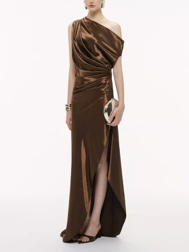 TWOTWINSTYLE Off Shoulder Side Split Ruched Irregular Hem Fashion Dress
