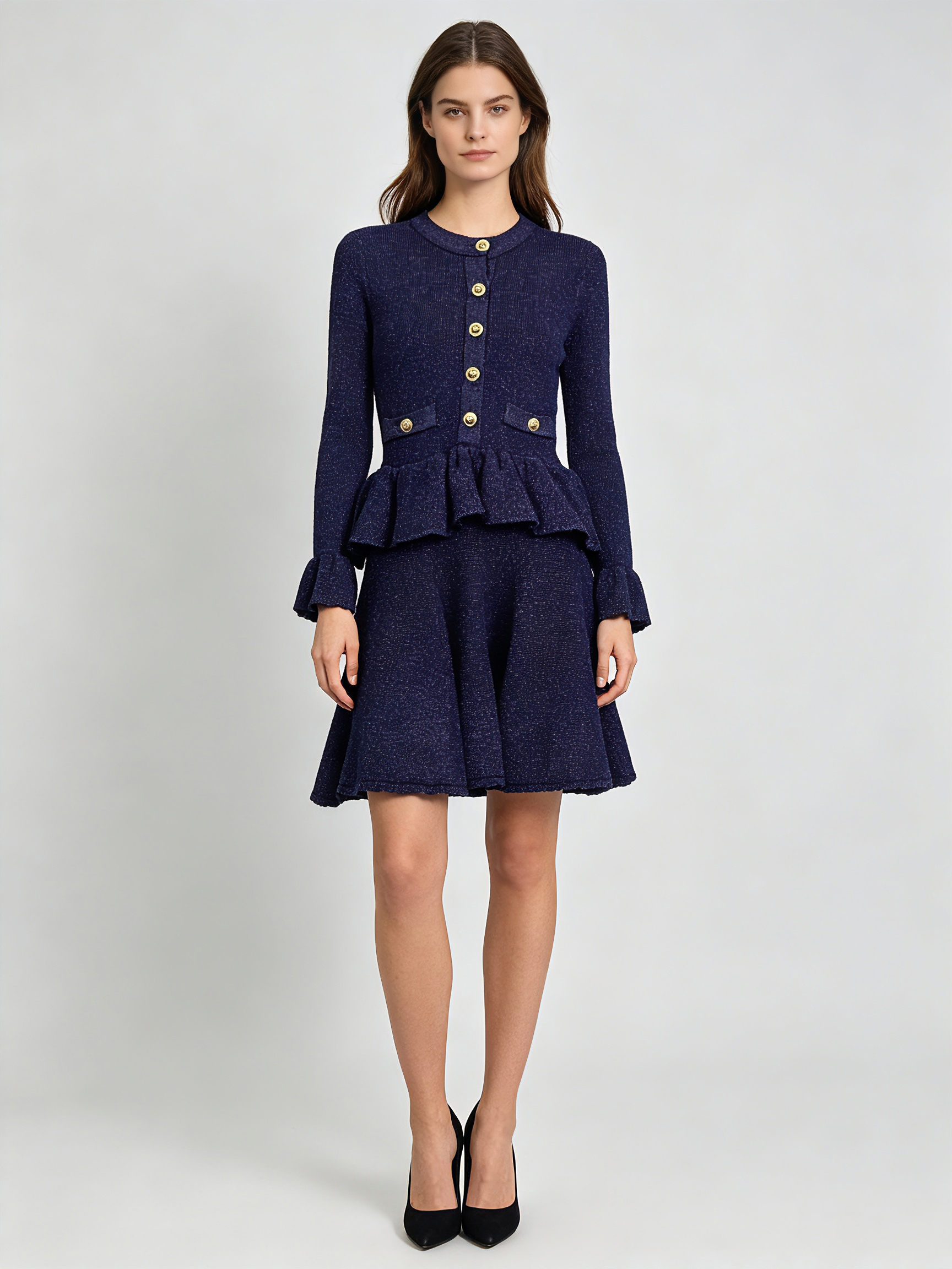 TWOTWINSTYLE Round Neck Long Sleeve Spliced Button Chic Dress