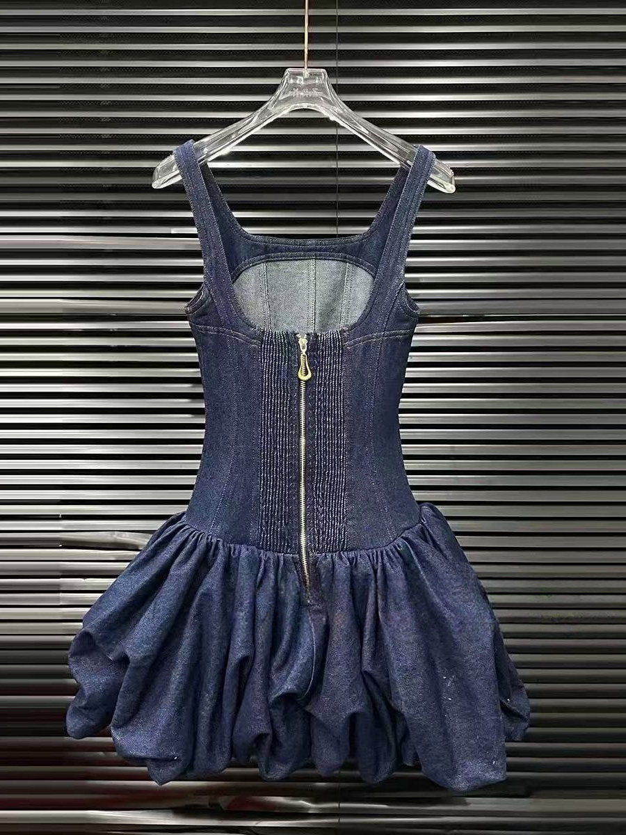 TWOTWINSTYLE Square Neck Corset Bodice Bubble Hem Fashion Denim Dress
